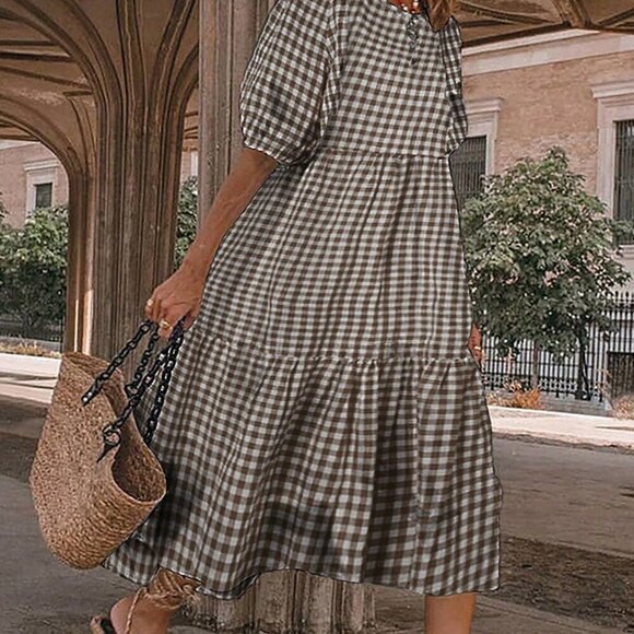 Dresses & Skirts - Multicolor boho Women's Plaid Round Neck Short Puff Sleeve Ruffle Trim dress